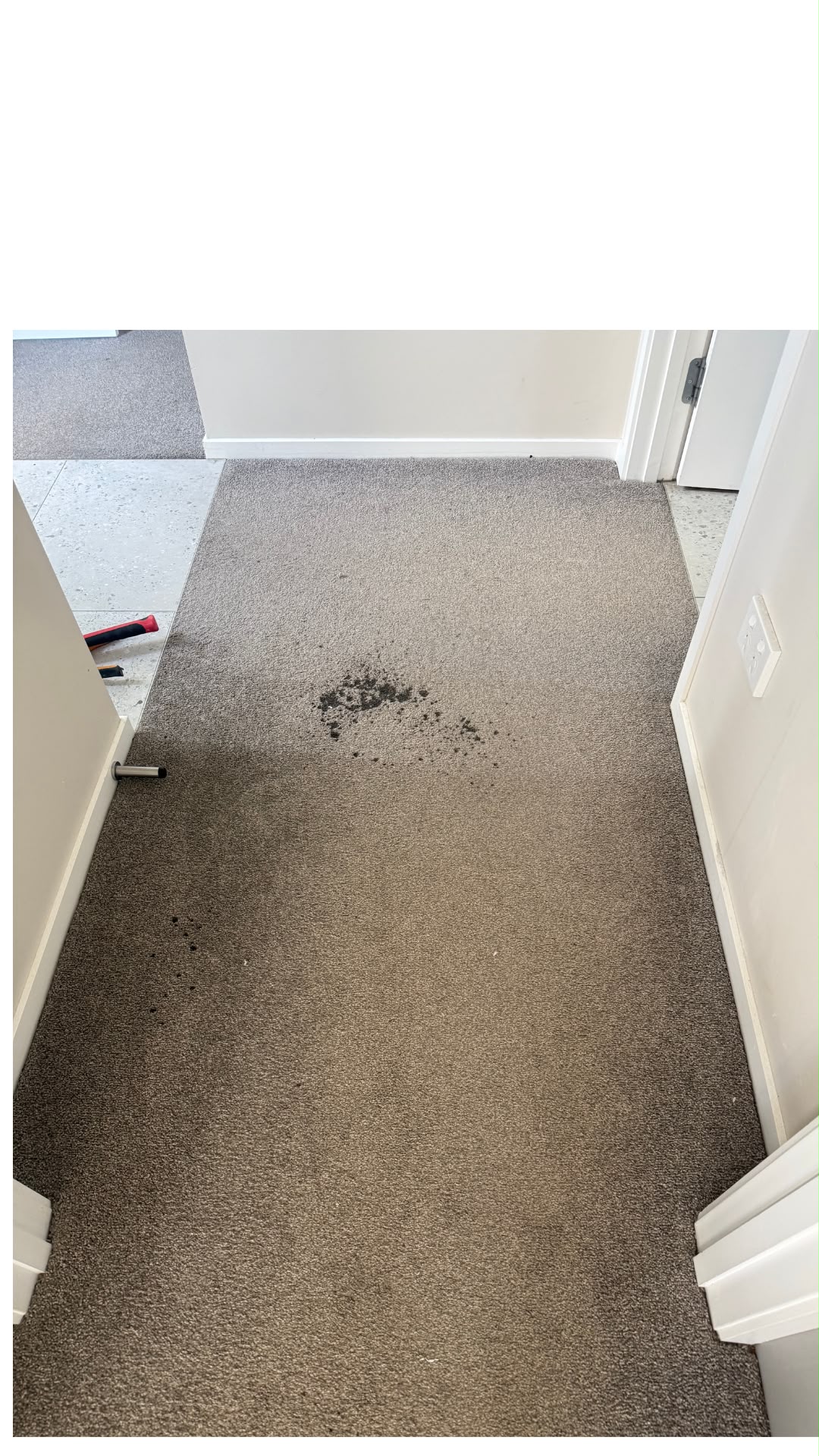 Hallway carpet with scattered dark dirt and stain marks before cleaning