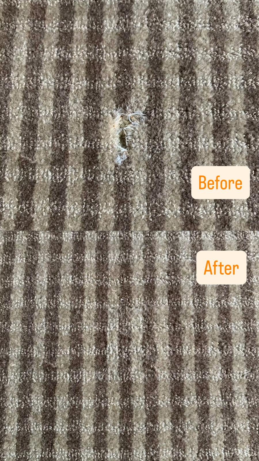 Before and after comparison of a small hole seamlessly repaired in striped carpet