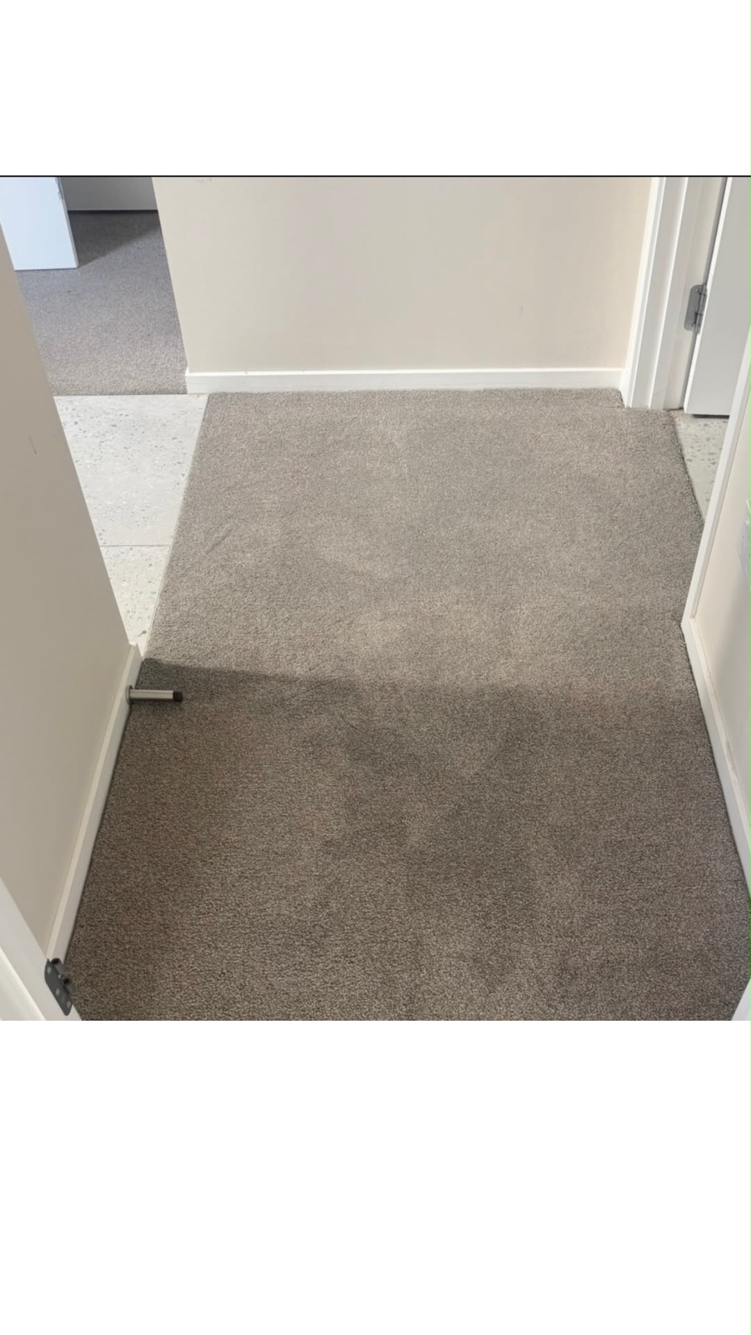 Light carpet meeting white tile cleanly at a doorway threshold after cleaning