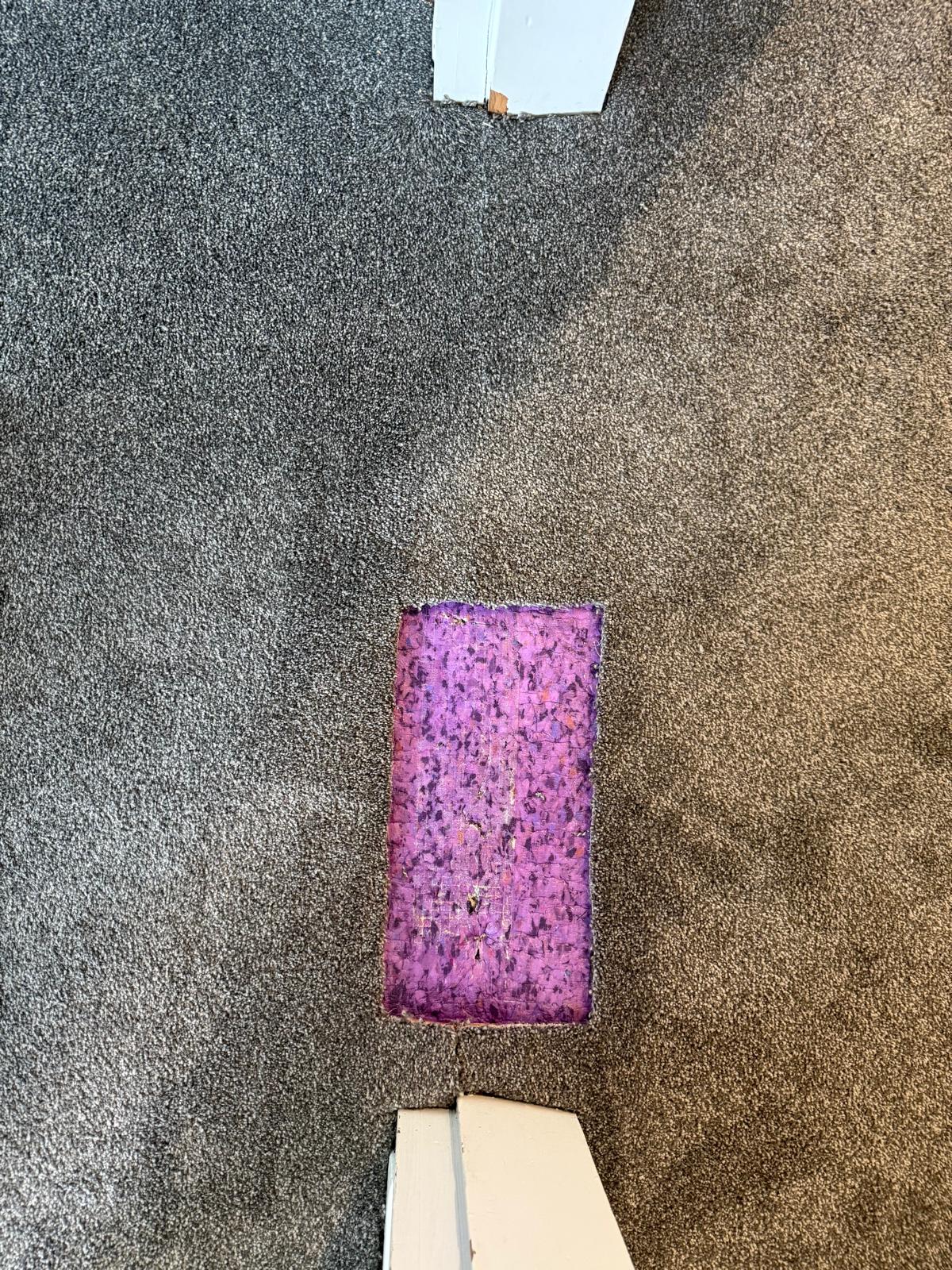 Neat rectangular section cut out of grey carpet during a patch repair, exposing the underlay beneath